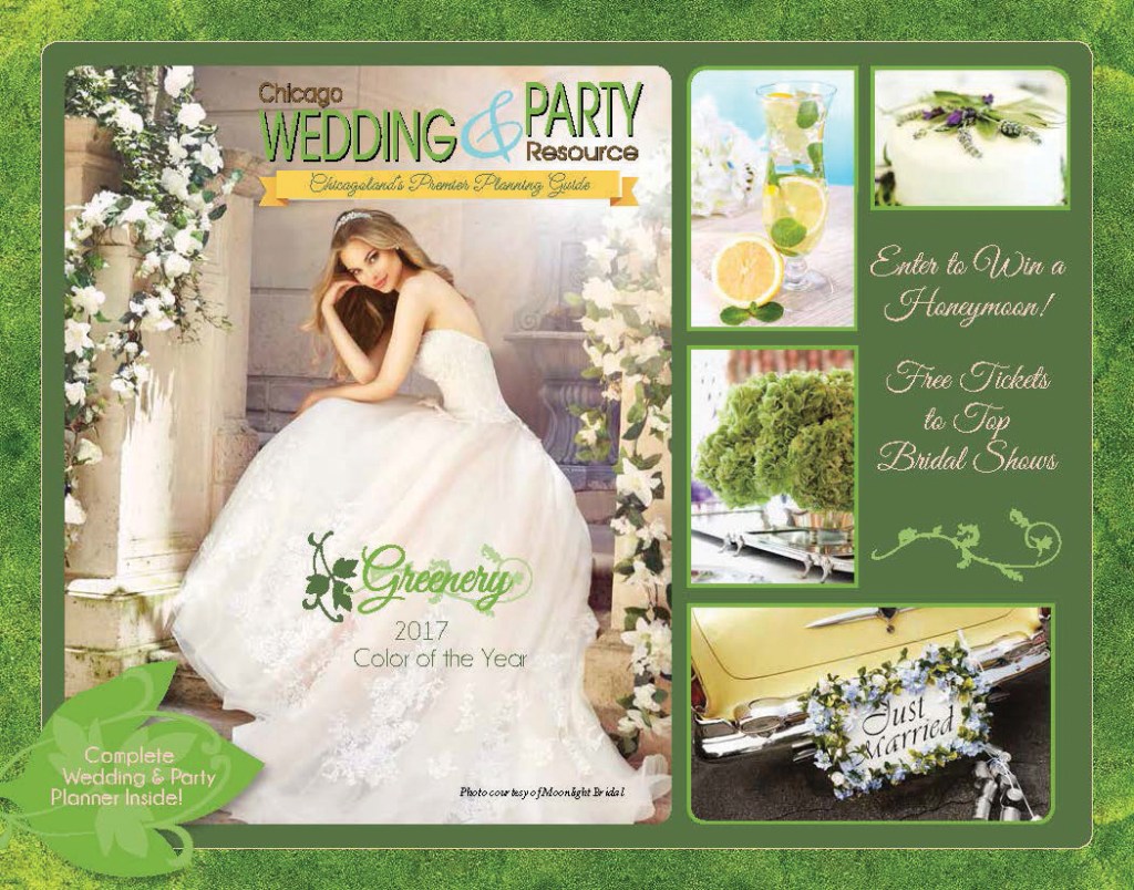 horizontal bridal magazine cover with bride and colors of Pantone Greenery