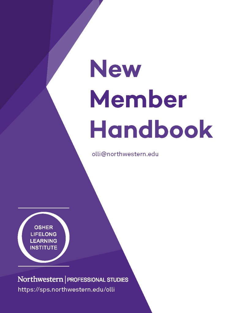 OLLI New Member Handbook cover, NU purple facets and OLLI logo